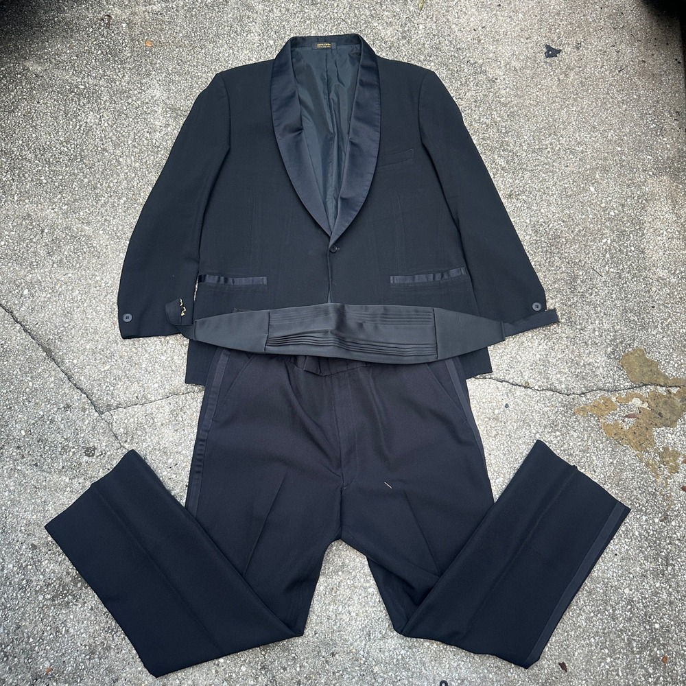 Vtg Pierre Cardin Mens Shawl Lapel Tuxedo Jacket 48R Pants 38 Cummerbund 3pc Set